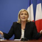 France’s National Front political party head Marine Le Pen speaks during a news conference at the party headquarters in Nanterre near Paris